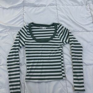 Hollister Green and White Striped Long Sleeve Tee
